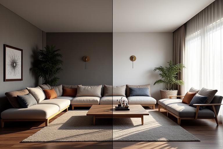 Before and after of a transformed apartment living space, showing modern renovation